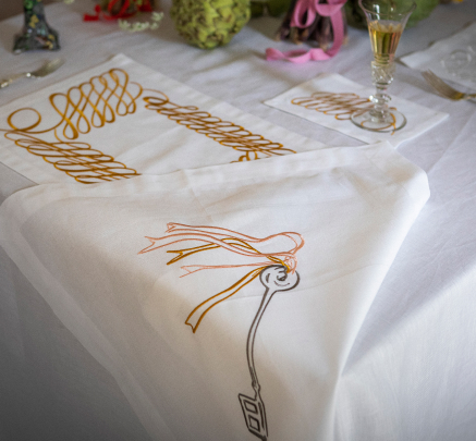 Giles Deacon modern contemporary luxury embroidered table cloth and napkins