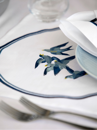 Peter Reed Bluebird collaboration, table and bed linen