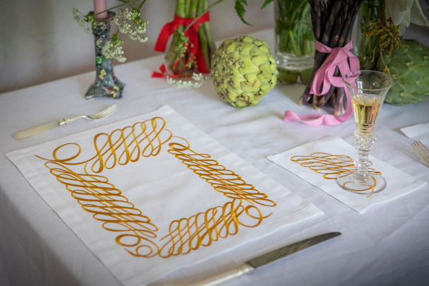 Giles Deacon embroidered table linen, bespoke designs