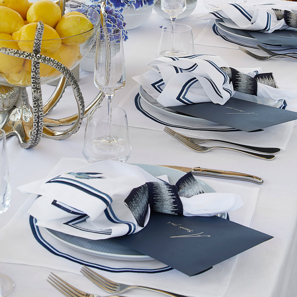 Peter Reed set table linen, the finest embroidery designed as a collection and homage to traditional British luxury