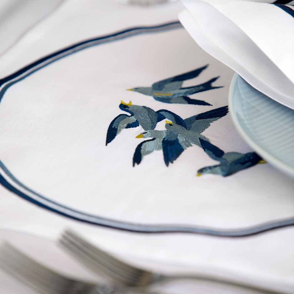 Peter Reed table linen, embroidery on the boat, table cloths and napkins beautifully hand-embroidered